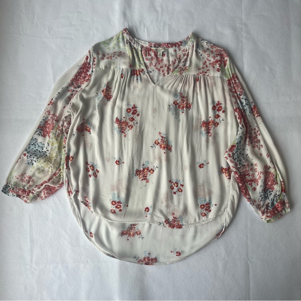 Lucky Brand White Floral Blouse Loose Fit Boho Casual Fun Size L Lightweight